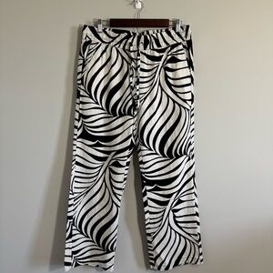 Ann Taylor Black & Cream Abstract Linen Blend Wide Leg Pants Size Medium